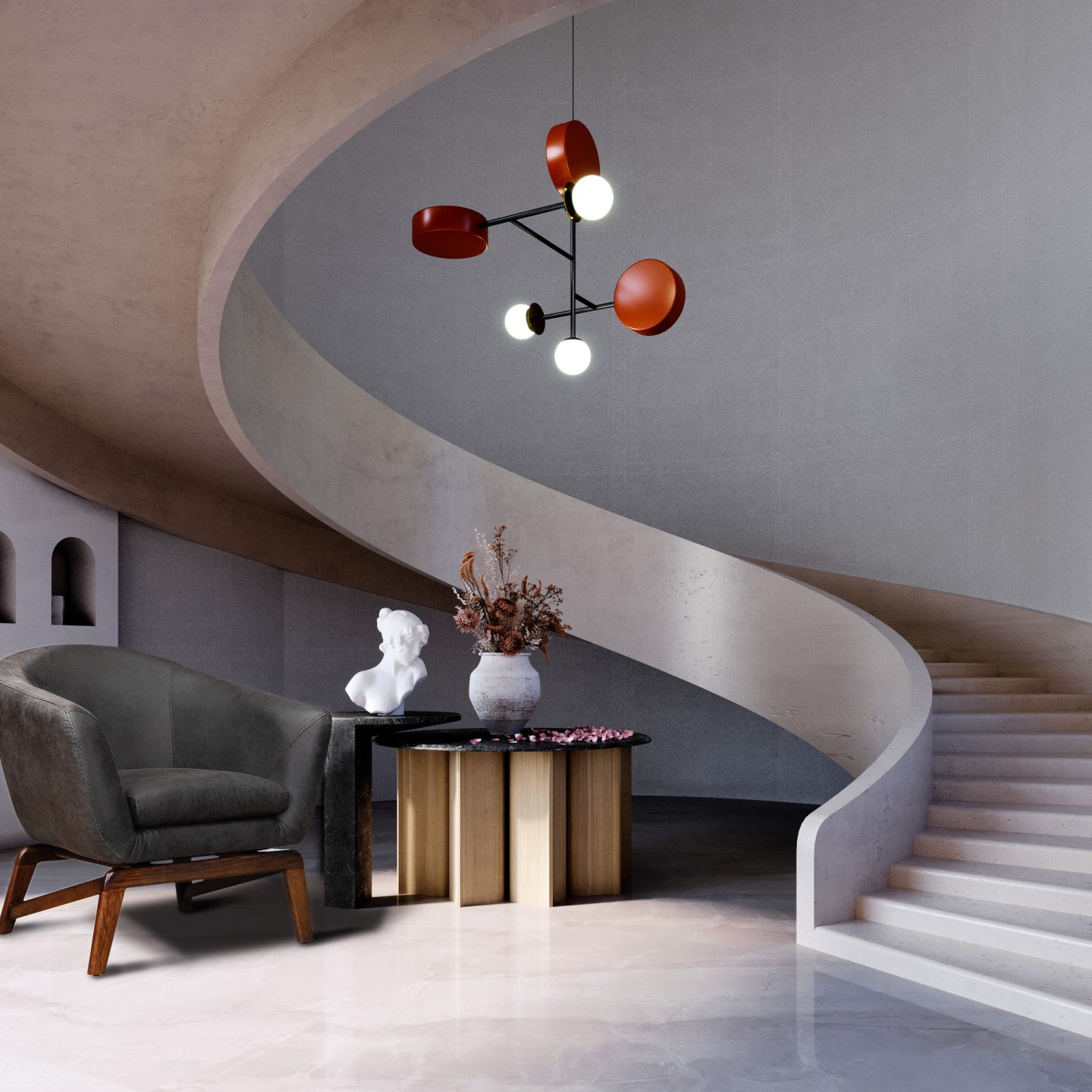 3d rendering,3d illustration, Interior Scene and  Mockup,Modern retro style spiral staircase corner, red-brown lamp and black marble center table with wooden legs.